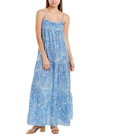 J McLaughlin Paris Linen Maxi Dress Geti Swirl Blue White Aqua Size S NEW - Picture 3 of 14